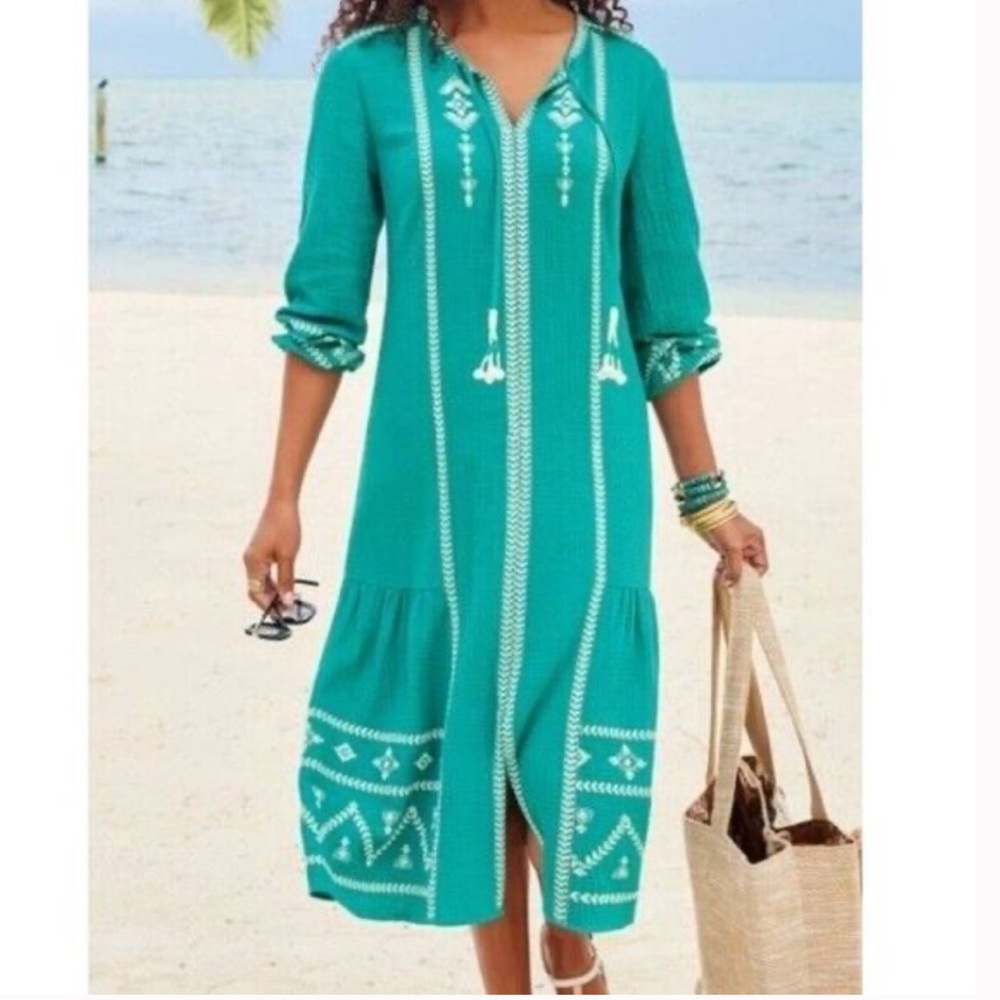 Soft Surroundings Green Embroidered Midi Dress